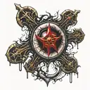 Dark black broke Satanic cross Realistic Eye, cracked and bleeding. dark black and blood red. golden cross. demonic tattoo design idea