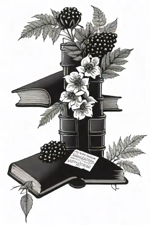 Books, floral, blackberries, Ferns, Words,  tattoo design idea
