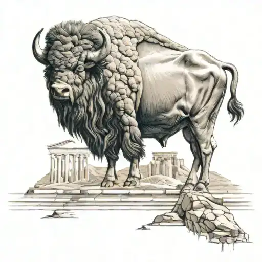 buffalo walking in Parthenon with mountains on back tattoo design idea