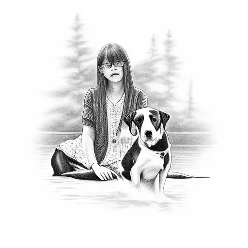 Girl and black lab sitting on a dock in a creek tattoo design idea
