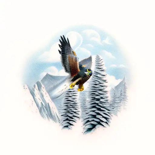 Peregrine Falcon; American Kestrel; clouds, pine trees; mountains; tattoo sleeve tattoo design idea