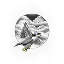Peregrine Falcon; American Kestrel; clouds, pine trees; mountains; tattoo sleeve tattoo design idea