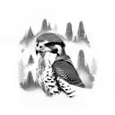 Peregrine Falcon; American Kestrel; clouds, pine trees; mountains; tattoo sleeve tattoo design idea