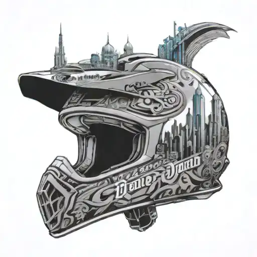 A motocross helmet with a skyline of Dubai, Rome, and New York in the visor, showcasing the client's passion for motocross and travel tattoo design idea