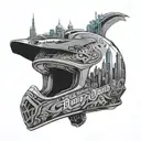 A motocross helmet with a skyline of Dubai, Rome, and New York in the visor, showcasing the client's passion for motocross and travel tattoo design idea