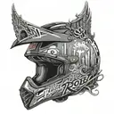 A motocross helmet with a skyline of Dubai, Rome, and New York in the visor, showcasing the client's passion for motocross and travel tattoo design idea