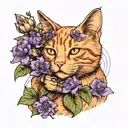 The photo shows a ginger cat sniffing a bouquet of purple flowers. tattoo design idea
