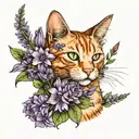 The photo shows a ginger cat sniffing a bouquet of purple flowers. tattoo design idea