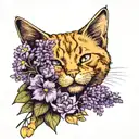 The photo shows a ginger cat sniffing a bouquet of purple flowers. tattoo design idea