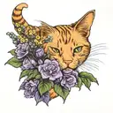 The photo shows a ginger cat sniffing a bouquet of purple flowers. tattoo design idea