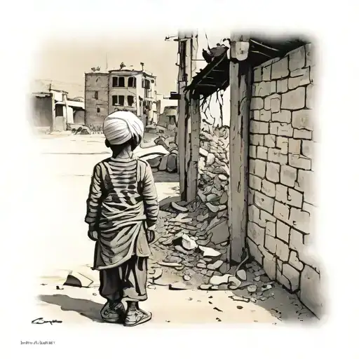 A war zone in Kurdistan A child stands behind a wall and looks at the destroyed street where a woman in a turban makes t tattoo design idea