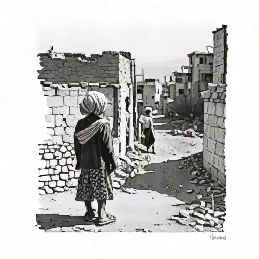 A war zone in Kurdistan A child stands behind a wall and looks at the destroyed street where a woman in a turban makes t tattoo design idea