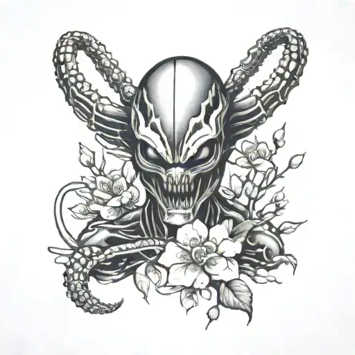 Xenomorph with cherryblossom black  tattoo design idea