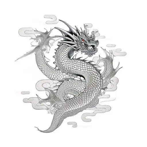 Create a realistic depiction of a dragon and fish intertwined with a school of fish in a Japanese style sleeve design tattoo design idea