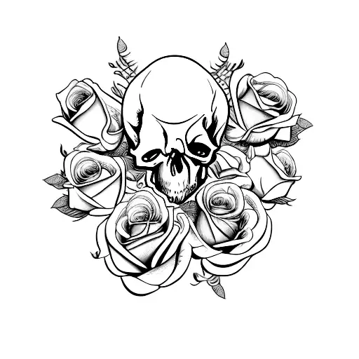 A realistic depiction of a skull and roses with intricate details and shading tattoo design idea