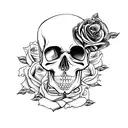 A realistic depiction of a skull and roses with intricate details and shading tattoo design idea