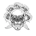 A realistic depiction of a skull and roses with intricate details and shading tattoo design idea