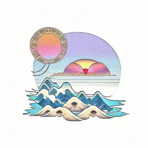 dog on the beach beach with, mountains, ocean and sunset in the background tattoo design idea