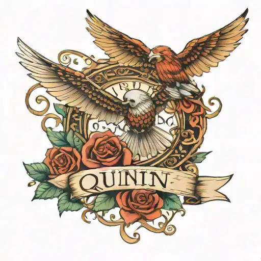 The name Quinn and bible verse proverbs 31:10 tattoo design idea