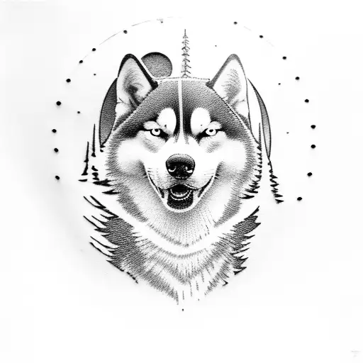 husky howling moon, and with heart tattoo design idea