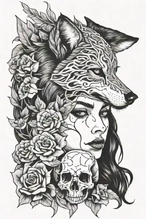 antropomorph girl with wolf skull  tattoo design idea
