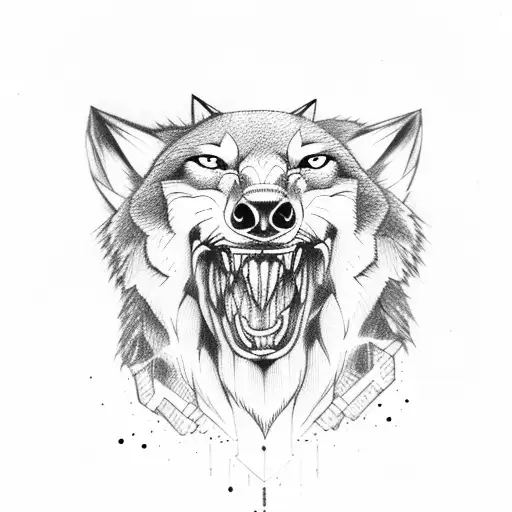 Wolf with open mouth and a skull in that mouth tattoo design idea