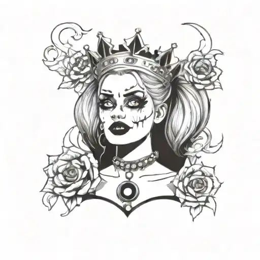 harley quinn with a crown crying smoking a cigarette tattoo design idea