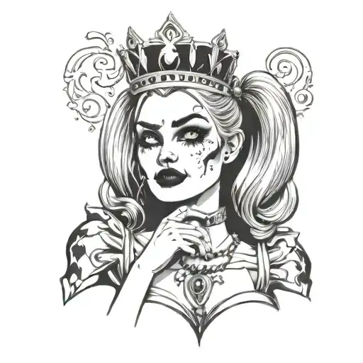 harley quinn with a crown crying smoking a cigarette tattoo design idea