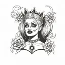 harley quinn with a crown crying smoking a cigarette tattoo design idea