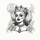 harley quinn with a crown crying smoking a cigarette tattoo design idea