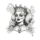 harley quinn with a crown crying smoking a cigarette tattoo design idea