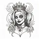 harley quinn with a crown crying smoking a cigarette tattoo design idea