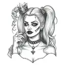 harley quinn with a crown crying smoking a cigarette tattoo design idea