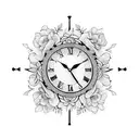 Clock with Roman numerals surrounded by a wreath of flowers tattoo design idea