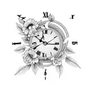 Clock with Roman numerals surrounded by a wreath of flowers tattoo design idea