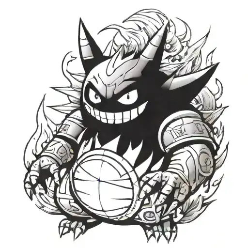 gengar pokémon using warrior armor sited ina bonfire tattoo design idea