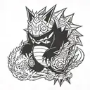 gengar pokémon using warrior armor sited ina bonfire tattoo design idea