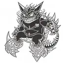 gengar pokémon using warrior armor sited ina bonfire tattoo design idea