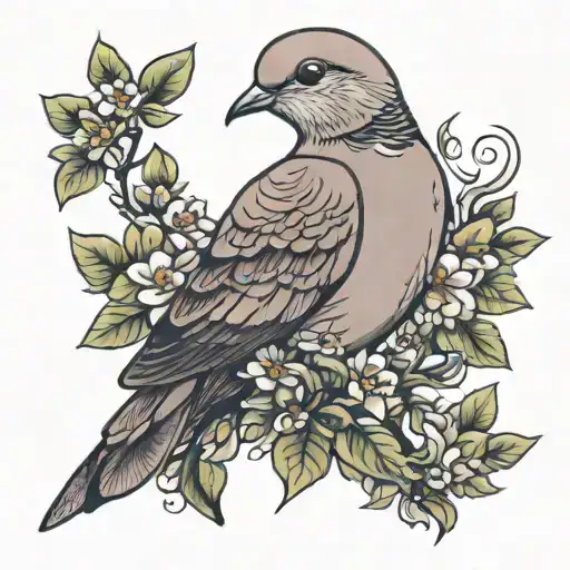 Mourning dove with flowers and leaves tattoo design idea