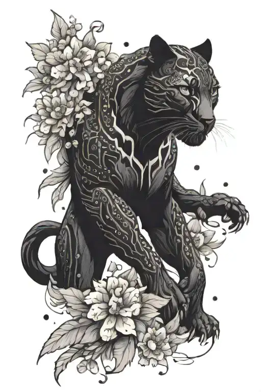 black panther walking through stalks of full blooming explosion of flowers tattoo design idea