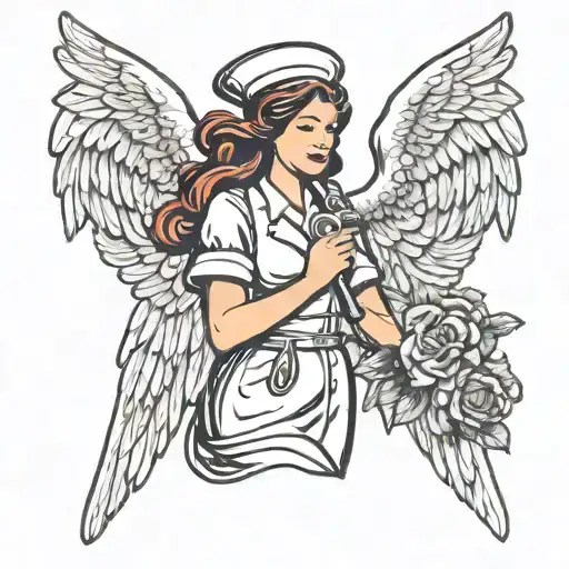 Create a tattoo of a nurse surrounded by angel wings, representing the client's role as a healer and protector of others tattoo design idea