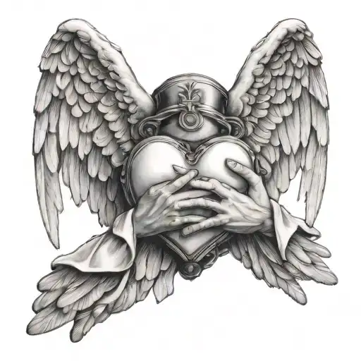 A detailed black and grey tattoo of a nurse's hands holding a heart, surrounded by angel wings tattoo design idea