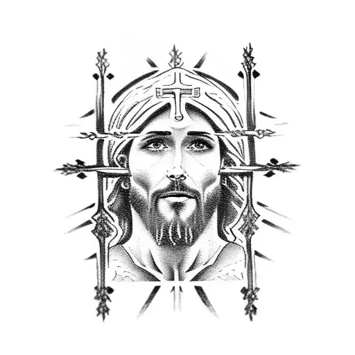 jesus on the cross with jesus face as background tattoo design idea