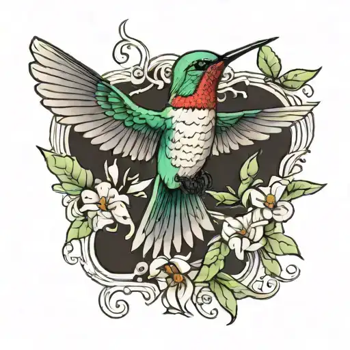 humming bird holding honeysuckle flowers tattoo design idea