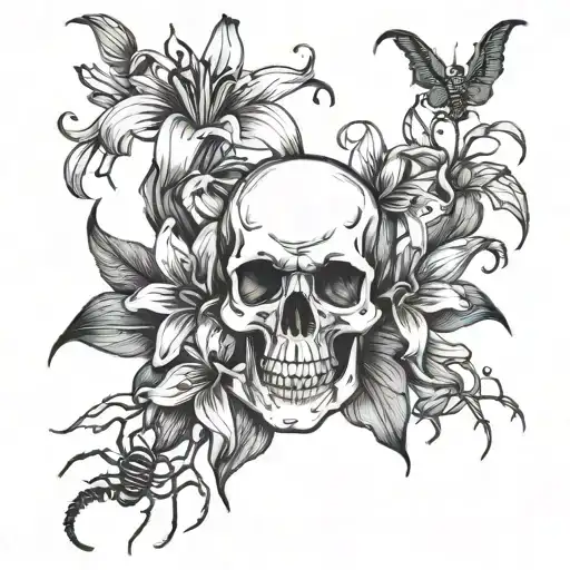 black lily flowers with skull and spiders tattoo design idea