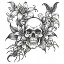 black lily flowers with skull and spiders tattoo design idea