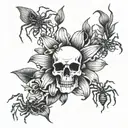 black lily flowers with skull and spiders tattoo design idea