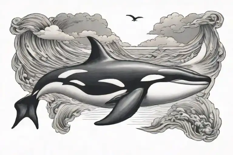 Realistic tattoo of an killer whale swimming near a baby turtle in the sky tattoo design idea