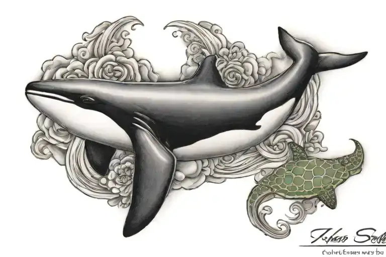 realistic tattoo of a "killer whale" and "baby sea turtle" and three clouds tattoo design idea