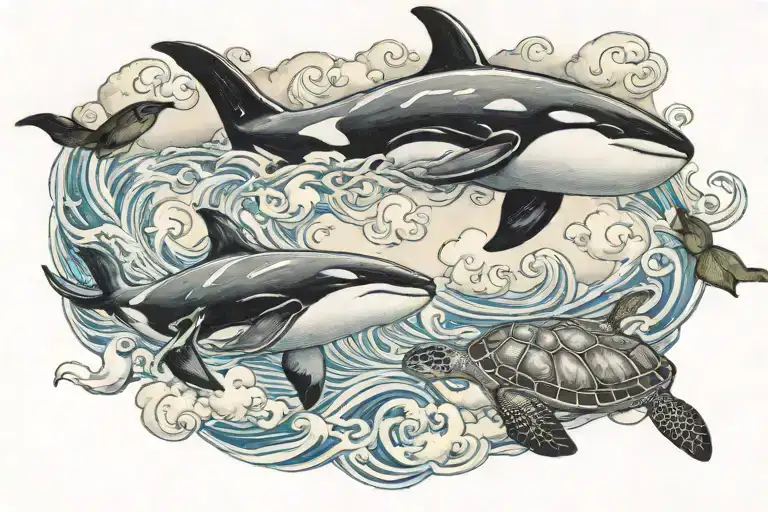 "killer whale" and "sea turtle" and three clouds surrounding tattoo design idea